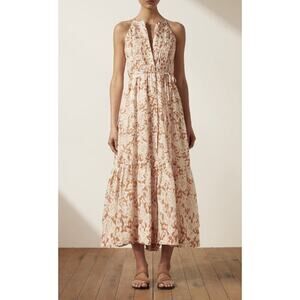 Shona Joy Flor  Pintucked Floral Linen Midi Dress in Orange Floral